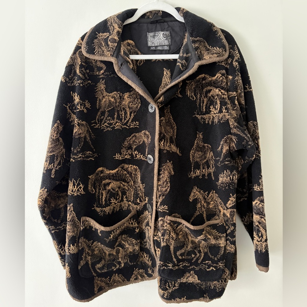 Vintage Tsunami Canadian Fleece Chore Coat Running Horses Black Jacket